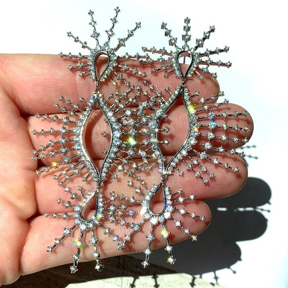 NEW~ Anthropologie Crystal Sunburst Silver Statement Earrings - Picture 2 of 10